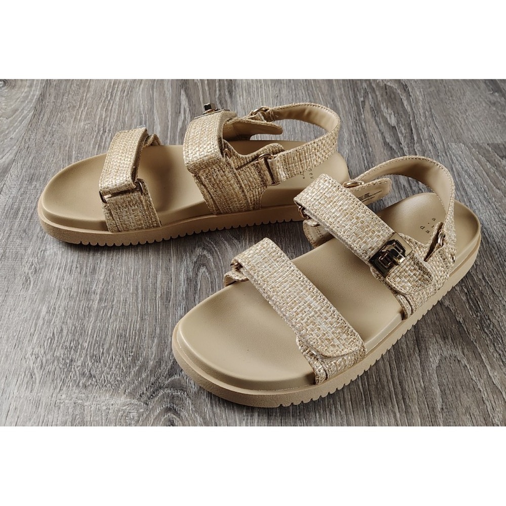 A New Day 9 Platform‎ Tan Straw Strappy Sandal Woven Raffia Look V3lcro Straps - Picture 2 of 8
